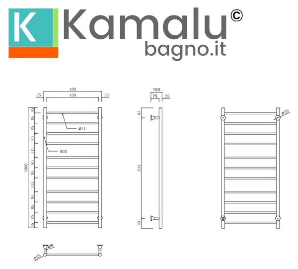 Kamalu termoarredo scaldasalviette elettrico colore gun metal | kam-tr100gm kam-tr100gm