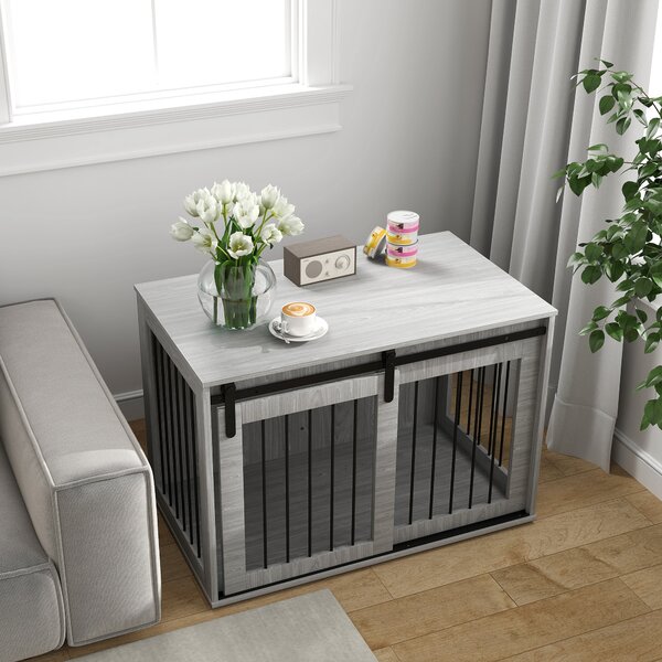 PawHut Box per cani con porta scorrevole, ventilazione, pannello di truciolato e acciaio, 98x58x61 cm, Grigio | Aosom Italy