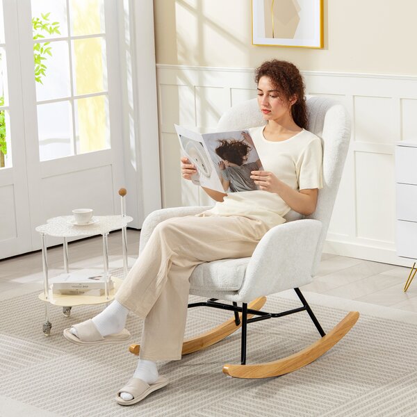 HOMCOM Poltrona a dondolo, sedia a dondolo con cuscino, seduta imbottita, schienale alto, 67 x 88 x 104 cm, bianco | Aosom Italy