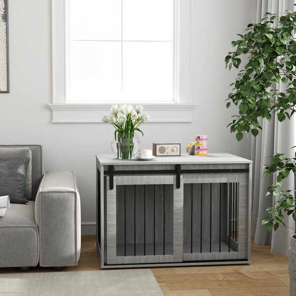 PawHut Box per cani con porta scorrevole, ventilazione, pannello di truciolato e acciaio, 98x58x61 cm, Grigio | Aosom Italy