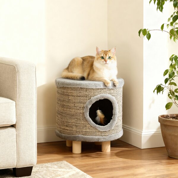 PawHut Cuccia per Gatti 3 in 1 Sgabello Poggiapiedi Letto per Gatti con Tiragraffi Gambe in Legno Piuma 36x36x38 cm Grigio | Aosom Italy