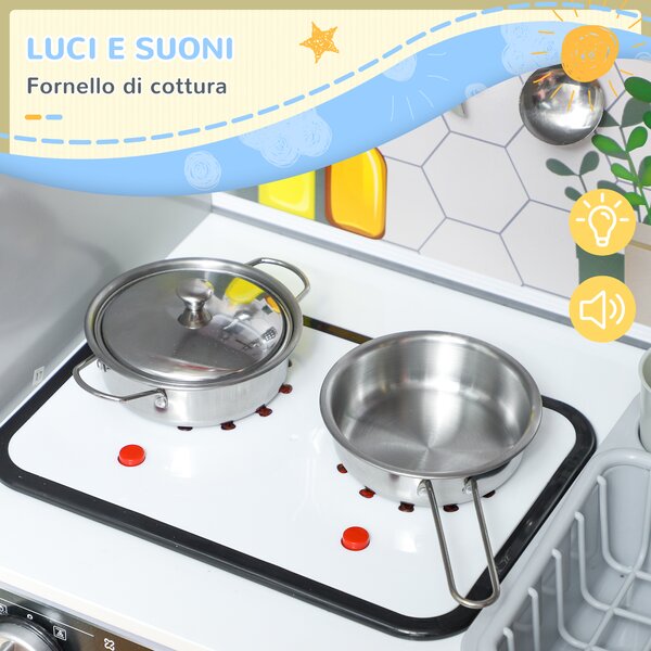 AIYAPLAY Set Cucina Giocattolo in Legno con Fornello con Luci e Suoni, Lavello con Circolo d'Acqua e Accessori, Bianco | Aosom Italy