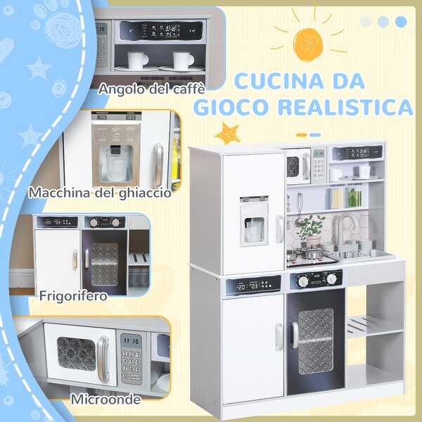 AIYAPLAY Set Cucina Giocattolo in Legno con Fornello con Luci e Suoni, Lavello con Circolo d'Acqua e Accessori, Bianco | Aosom Italy