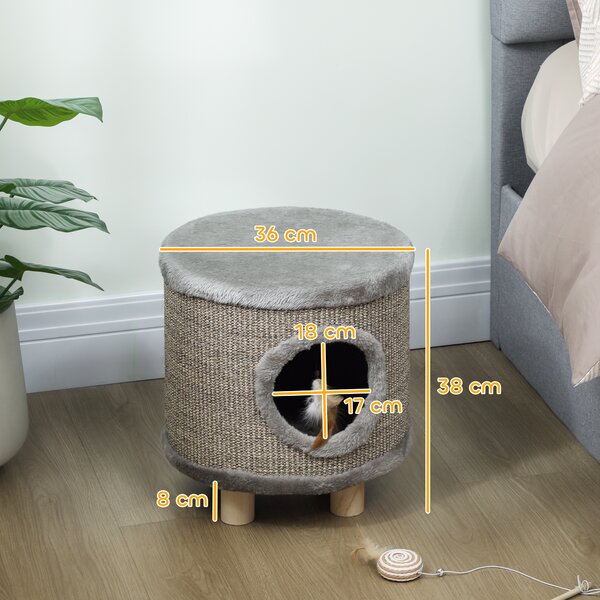 PawHut Cuccia per Gatti 3 in 1 Sgabello Poggiapiedi Letto per Gatti con Tiragraffi Gambe in Legno Piuma 36x36x38 cm Grigio | Aosom Italy