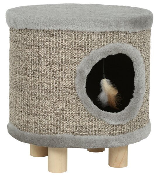 PawHut Cuccia per Gatti 3 in 1 Sgabello Poggiapiedi Letto per Gatti con Tiragraffi Gambe in Legno Piuma 36x36x38 cm Grigio | Aosom Italy