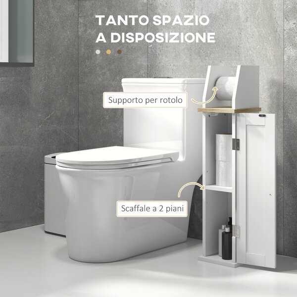 Kleankin Mobile Bagno Porta Carta Igienica Salvaspazio con Armadietto e Mensola Regolabile, 18x20x80 cm, Bianco | Aosom Italy