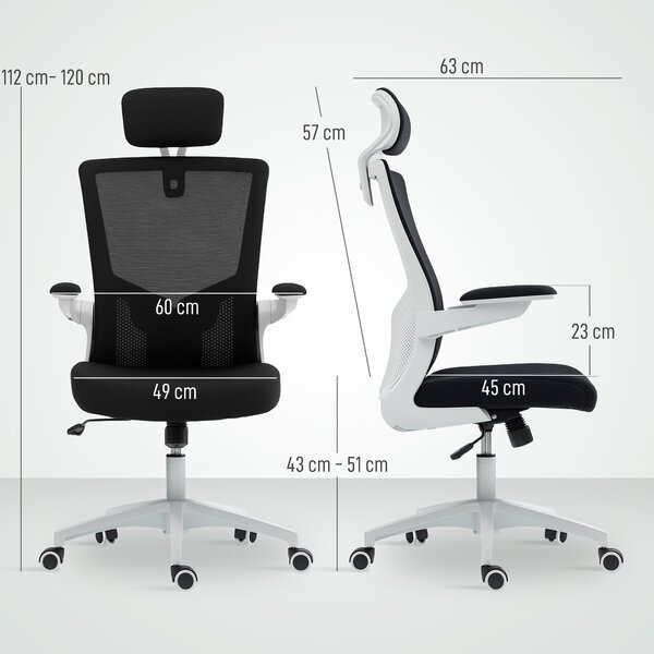HOMCOM Sedia da ufficio ergonomica, poltrona da ufficio, braccioli ribaltabili, supporto lombare, poggiatesta, 60x63x120cm, nero | Aosom Italy