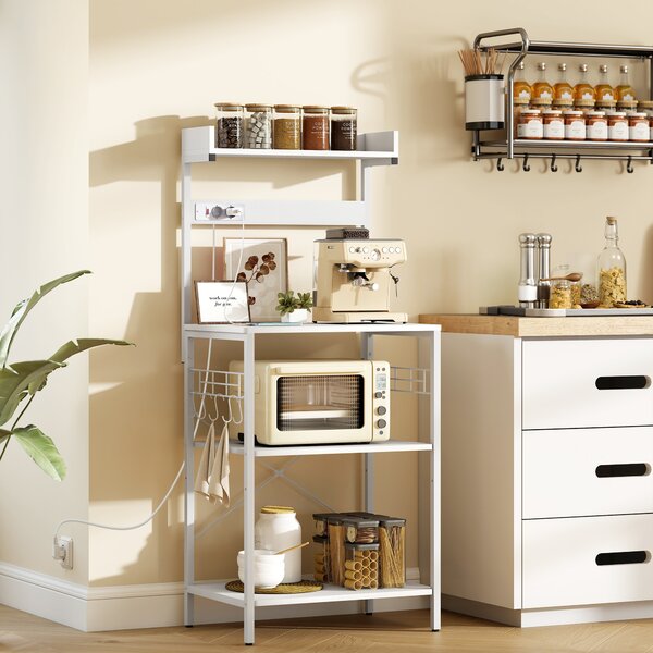 HOMCOM Scaffale da Cucina con 2 Prese Ripiano per Microonde Ripiano Regolabile Ganci 60x42x137 cm Bianco | Aosom Italy