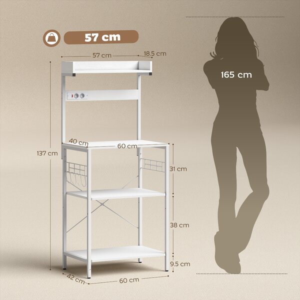 HOMCOM Scaffale da Cucina con 2 Prese Ripiano per Microonde Ripiano Regolabile Ganci 60x42x137 cm Bianco | Aosom Italy