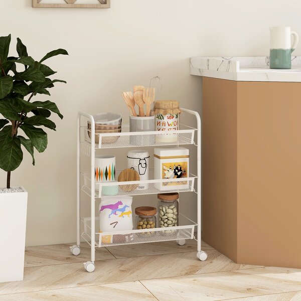 HOMCOM Carrello a 3 livelli con cestelli, carrello su ruote portaoggetti 45 x 26,5 x 63 cm bianco | Aosom Italy