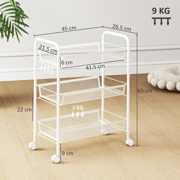 HOMCOM Carrello a 3 livelli con cestelli, carrello su ruote portaoggetti 45 x 26,5 x 63 cm bianco | Aosom Italy
