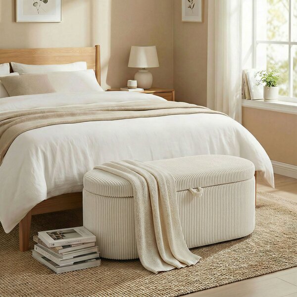 HOMCOM Pouf contenitore, rivestimento in cord con seduta imbottita, panca a fine letto, 105 x 51 x 49 cm, Beige | Aosom Italy