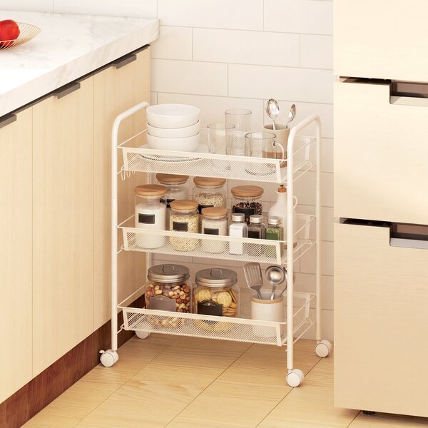 HOMCOM Carrello a 3 livelli con cestelli, carrello su ruote portaoggetti 45 x 26,5 x 63 cm bianco | Aosom Italy