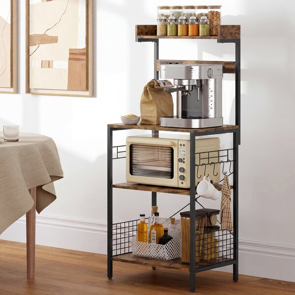 HOMCOM Scaffale da Cucina con 2 Prese Ripiano per Microonde Ripiano Regolabile Ganci 60x42x137 cm Marrone Rustico | Aosom Italy