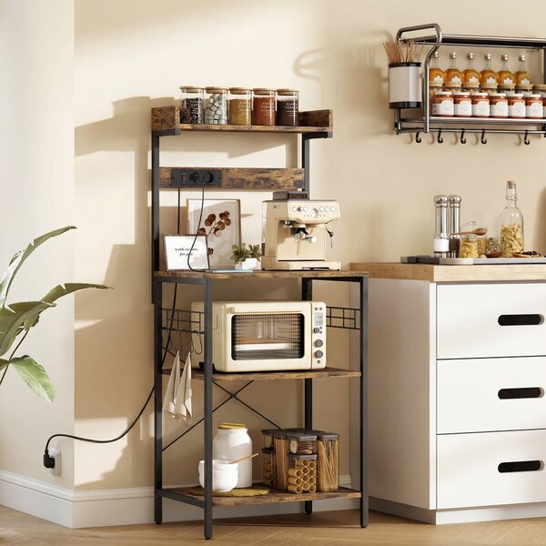 HOMCOM Scaffale da Cucina con 2 Prese Ripiano per Microonde Ripiano Regolabile Ganci 60x42x137 cm Marrone Rustico | Aosom Italy