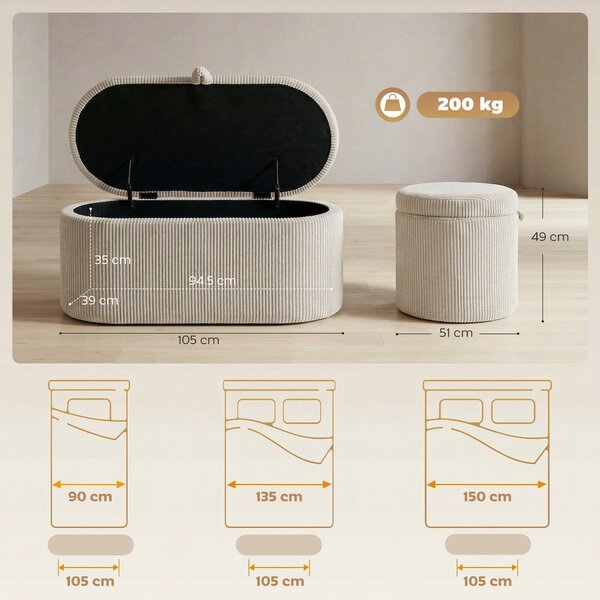 HOMCOM Pouf contenitore, rivestimento in cord con seduta imbottita, panca a fine letto, 105 x 51 x 49 cm, Beige | Aosom Italy