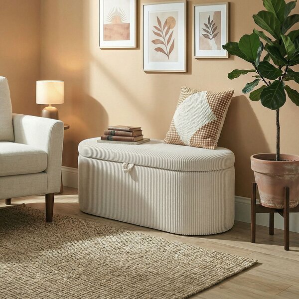 HOMCOM Pouf contenitore, rivestimento in cord con seduta imbottita, panca a fine letto, 105 x 51 x 49 cm, Beige | Aosom Italy