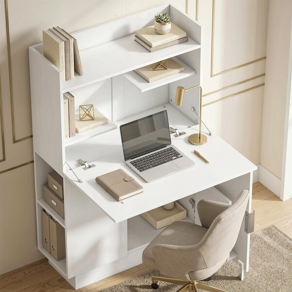HOMCOM Scrivania per computer pieghevole, scrivania per PC con piano ribaltabile, ripiani e armadietto, 80 x 30 x 128 cm, bianco | Aosom Italy