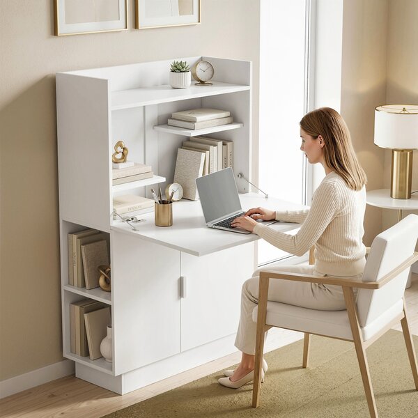 HOMCOM Scrivania per computer pieghevole, scrivania per PC con piano ribaltabile, ripiani e armadietto, 80 x 30 x 128 cm, bianco | Aosom Italy
