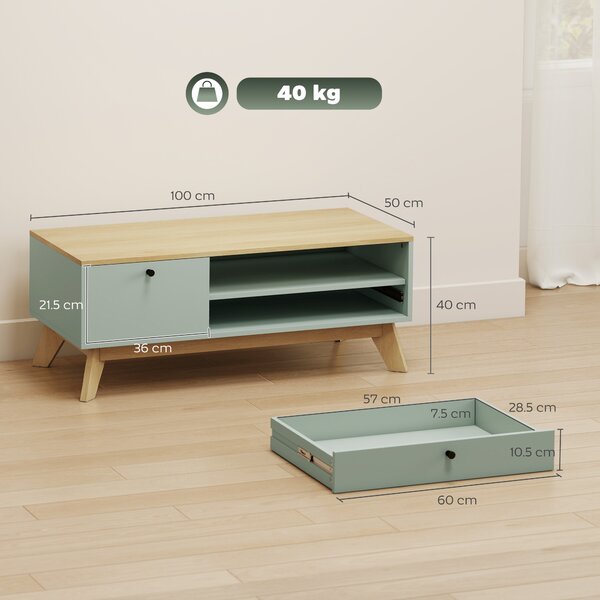 HOMCOM Tavolino da salotto, tavolino rettangolare con cassetto, anta e scomparto aperto, verde chiaro e rovere | Aosom Italy
