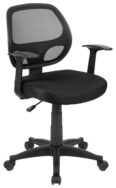 Sedia da ufficio ergonomica, schienale medio, colore nero, con schienale in rete e braccioli