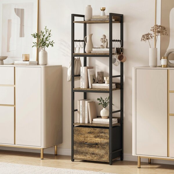 HOMCOM Libreria a 4 livelli, scaffale di stoccaggio stretto con cassetto, 8 ganci, , 39 x 26 x 136,5 cm, marrone rustico | Aosom Italy