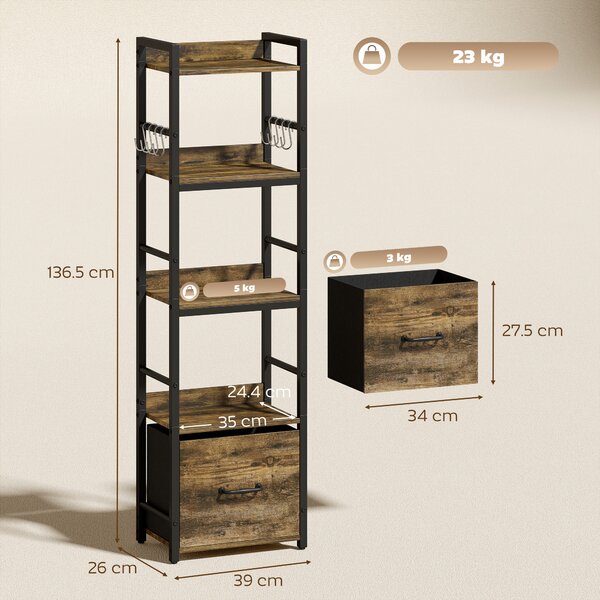 HOMCOM Libreria a 4 livelli, scaffale di stoccaggio stretto con cassetto, 8 ganci, , 39 x 26 x 136,5 cm, marrone rustico | Aosom Italy