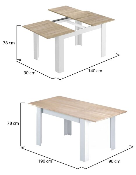 Tavolo allungabile moderno 6-8 posti 140/190x90cm rovere e bianco - Abudula