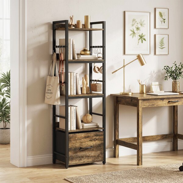 HOMCOM Libreria a 4 livelli, scaffale di stoccaggio stretto con cassetto, 8 ganci, , 39 x 26 x 136,5 cm, marrone rustico | Aosom Italy