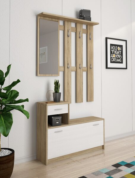 Mobile per ingresso sospeso con scarpiera bianco e rovere 100x190h cm - Garolfo