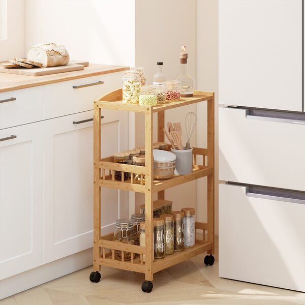HOMCOM Carrello da cucina a rotelle con 3 ripiani, carrello di servizio con spazio di stoccaggio scaffale da cucina su ruote, per cucina bagno ufficio legno naturale | Aosom Italy