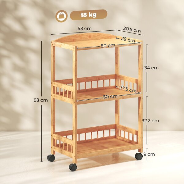 HOMCOM Carrello da cucina a rotelle con 3 ripiani, carrello di servizio con spazio di stoccaggio scaffale da cucina su ruote, per cucina bagno ufficio legno naturale | Aosom Italy