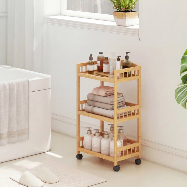 HOMCOM Carrello da cucina a rotelle con 3 ripiani, carrello di servizio con spazio di stoccaggio scaffale da cucina su ruote, per cucina bagno ufficio legno naturale | Aosom Italy