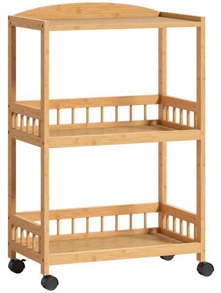 HOMCOM Carrello da cucina a rotelle con 3 ripiani, carrello di servizio con spazio di stoccaggio scaffale da cucina su ruote, per cucina bagno ufficio legno naturale | Aosom Italy