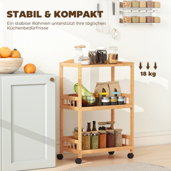 HOMCOM Carrello da cucina a rotelle con 3 ripiani, carrello di servizio con spazio di stoccaggio scaffale da cucina su ruote, per cucina bagno ufficio legno naturale | Aosom Italy