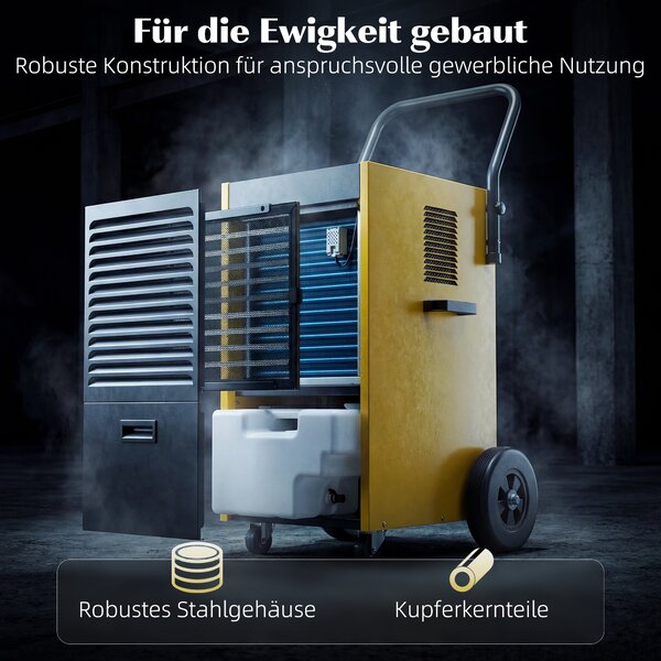 DURHAND Deumidificatore professionale 70 L/giorno con ruote e maniglia, tubo di scarico continuo, timer 24 ore, serbatoio 5,5 L, giallo | Aosom Italy
