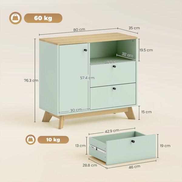 HOMCOM Buffet soggiorno, mobile contenitore con porta, 2 cassetti, vano aperto e mensola regolabile, verde chiaro e rovere | Aosom Italy