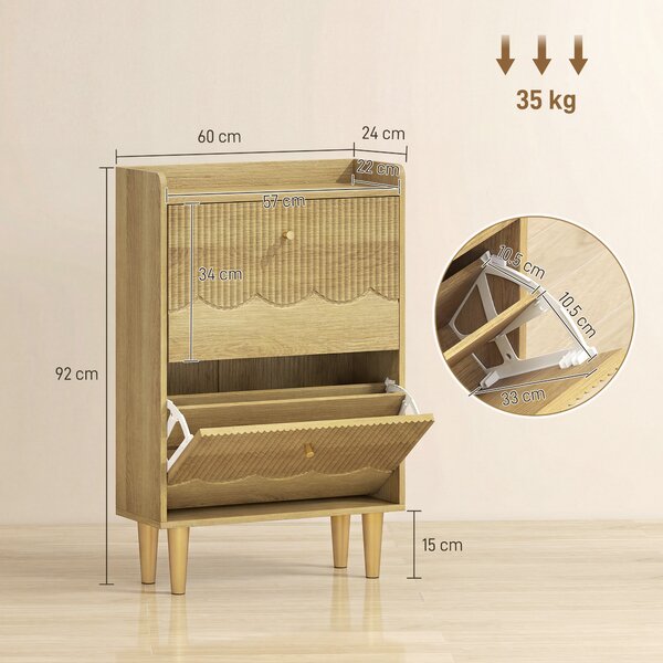 HOMCOM Scarpiera 12 paia, scarpiera stretta, 2 cassetti ribaltabili ripiani regolabili, 60x24x92cm, rovere | Aosom Italy