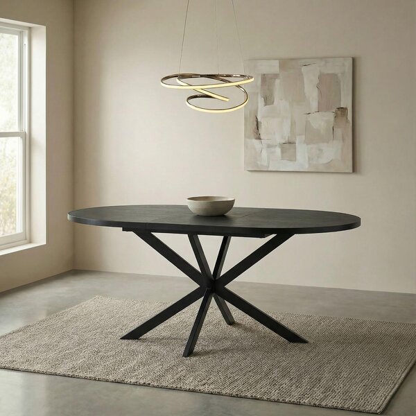 Tavolo da pranzo CHESTER rotondo, diametro 120 cm, nero - Allungabile fino a 160 cm, struttura in metallo nero, piano del tavolo con decoro effetto legno, design moderno, ideale per la sala da pranzo o la cucina