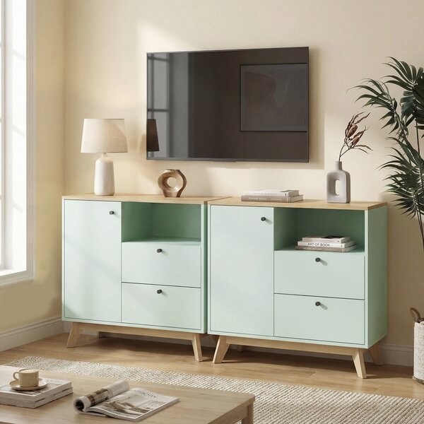 HOMCOM Buffet soggiorno, mobile contenitore con porta, 2 cassetti, vano aperto e mensola regolabile, verde chiaro e rovere | Aosom Italy