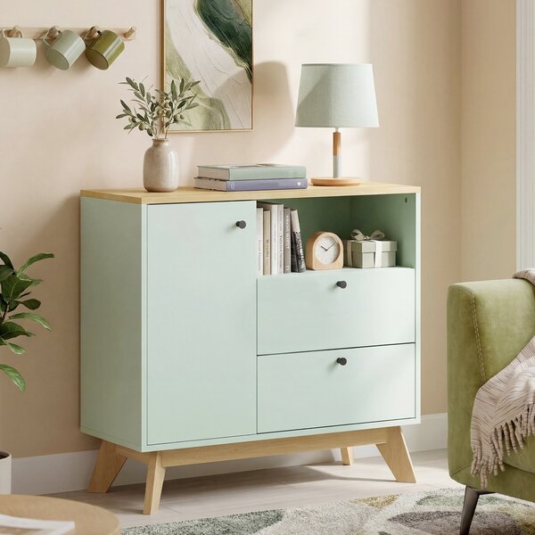 HOMCOM Buffet soggiorno, mobile contenitore con porta, 2 cassetti, vano aperto e mensola regolabile, verde chiaro e rovere | Aosom Italy