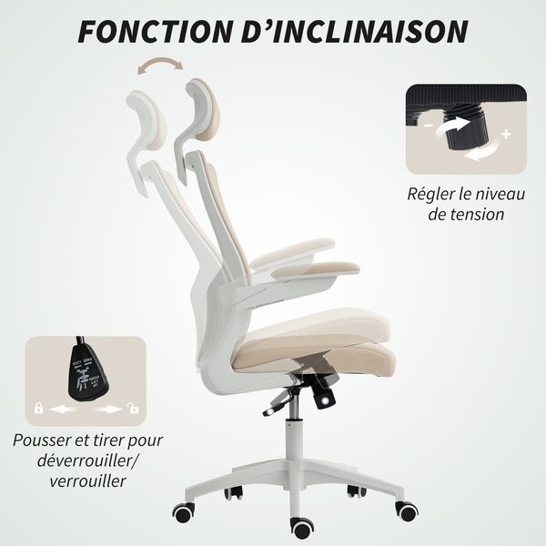 HOMCOM Sedia da ufficio ergonomica, poltrona da ufficio, braccioli sollevabili, supporto lombare, poggiatesta, 60x63x120cm, beige | Aosom Italy