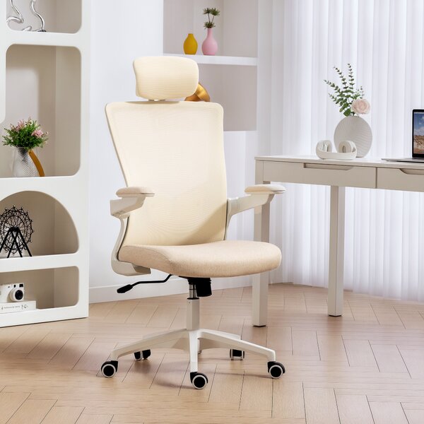 HOMCOM Sedia da ufficio ergonomica, poltrona da ufficio, braccioli sollevabili, supporto lombare, poggiatesta, 60x63x120cm, beige | Aosom Italy
