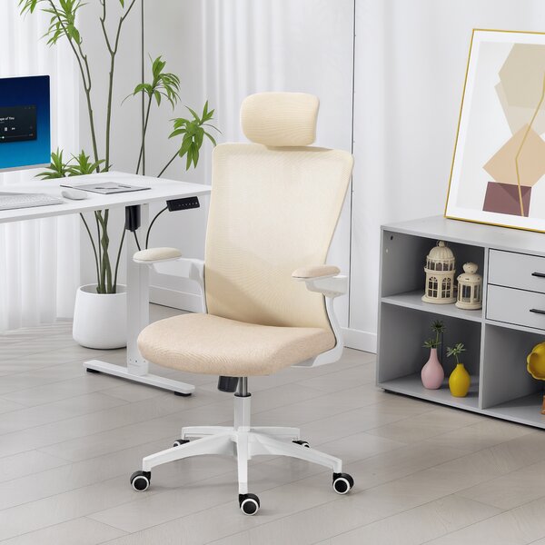 HOMCOM Sedia da ufficio ergonomica, poltrona da ufficio, braccioli sollevabili, supporto lombare, poggiatesta, 60x63x120cm, beige | Aosom Italy