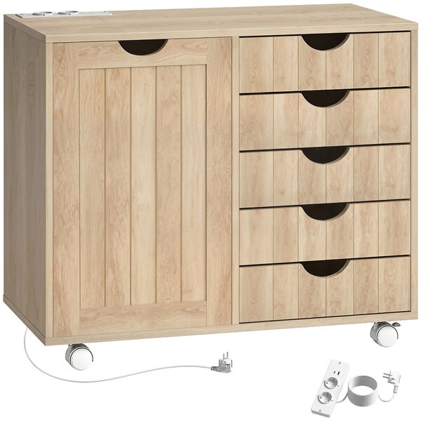 HOMCOM Mobile per Stampante con Stazione di Ricarica e Ruote 5 Cassetti Porte USB Ripiano Regolabile Naturale | Aosom Italy