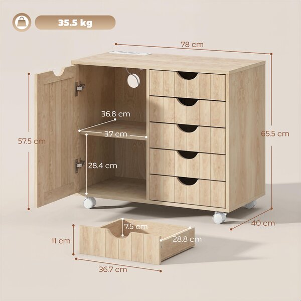 HOMCOM Mobile per Stampante con Stazione di Ricarica e Ruote 5 Cassetti Porte USB Ripiano Regolabile Naturale | Aosom Italy