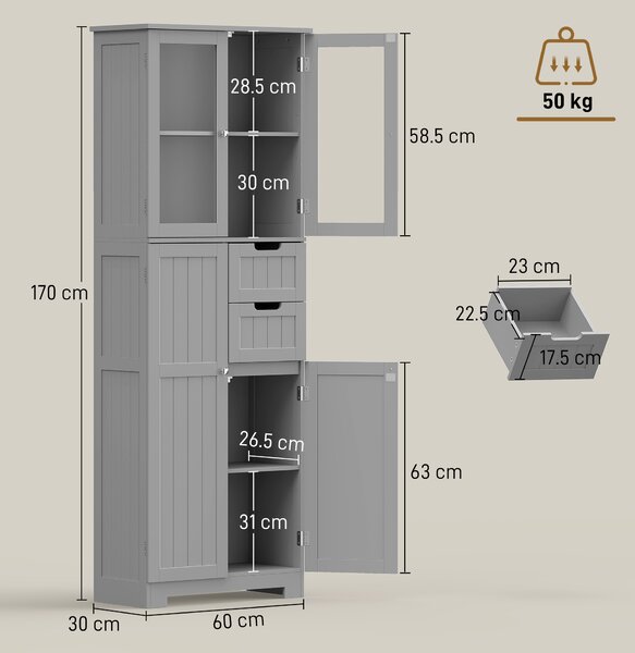 HOMCOM Mobile da bagno alto, mobile contenitore con 4 ante di cui 2 vetrate, 2 cassetti e ripiani regolabili, bianco | Aosom Italy