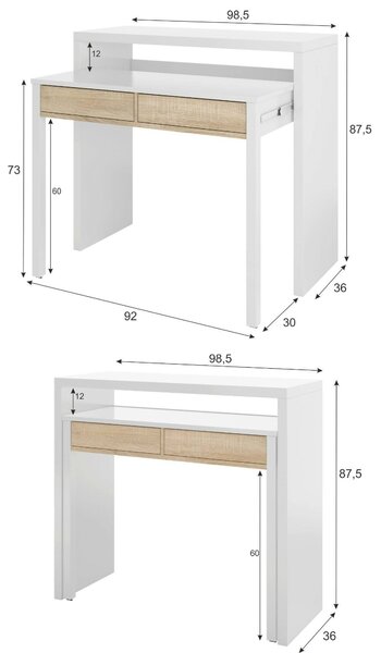 Scrivania salvaspazio bianca e rovere 98x36cm con 2 cassetti - Andriy
