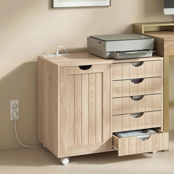 HOMCOM Mobile per Stampante con Stazione di Ricarica e Ruote 5 Cassetti Porte USB Ripiano Regolabile Naturale | Aosom Italy