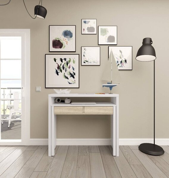 Scrivania salvaspazio bianca e rovere 98x36cm con 2 cassetti - Andriy